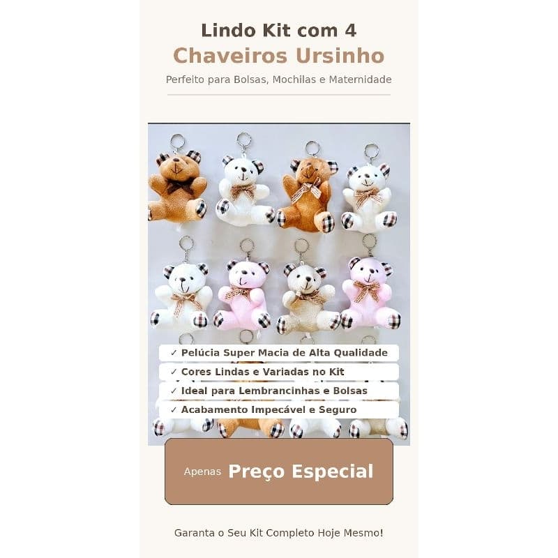 kit 4 CHAVEIROs URSINHO PELUCIA 9,5X4,5X9,5CM cores aleatórias