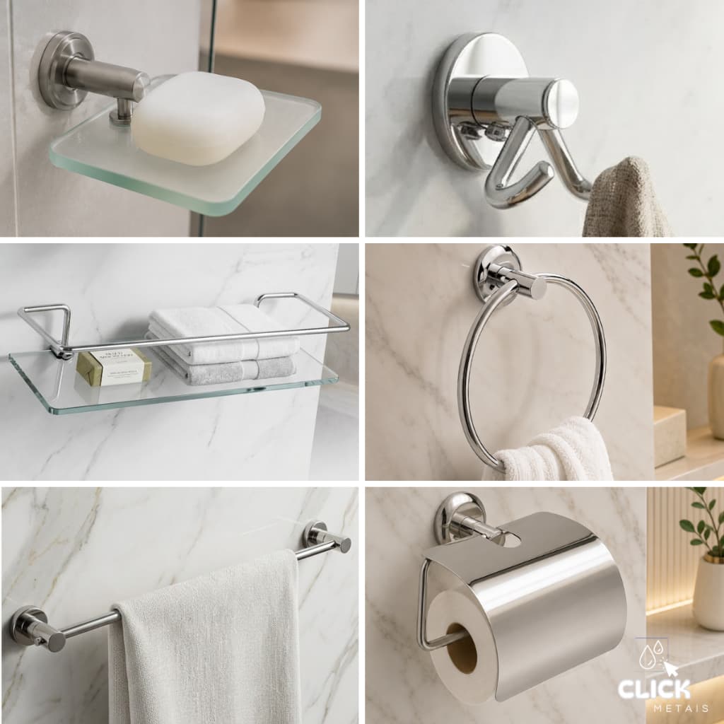 Kit Acessórios Para Banheiro 6 Peças Porta Shampoo Reto Vidro Organizador Moderno Resistente Premium