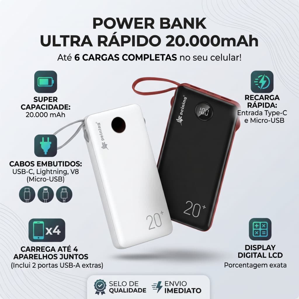 Carregador Power Bank Turbo 20.000mah Portátil Carregamento Rápido Display Digital