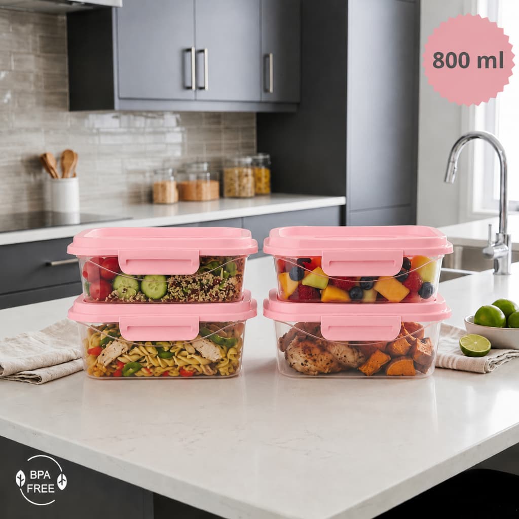 Kit 4 Potes Herméticos 800ml com Tampa Trava Marmita Fitness BPA Free Microondas Freezer