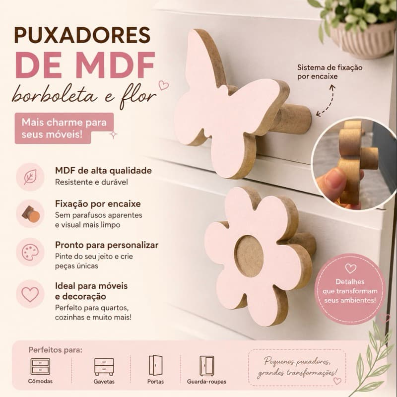 Puxador MDF 9x6cm para Gaveta e Armário Kit Moderno Fácil Instalação para Móveis