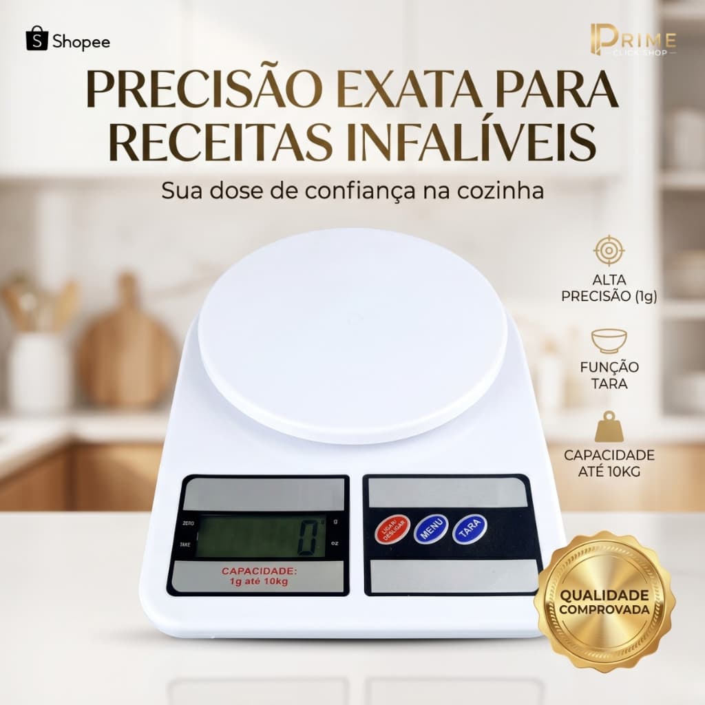 Balança Digital De Cozinha 10kg Alta Precisão Dieta Confeitaria Função Tara Visor LCD Branca