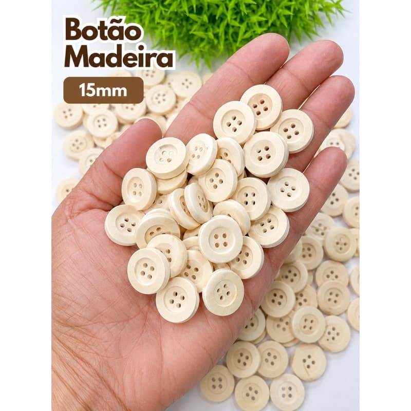Botão de Madeira 15mm Natural para Artesanato, Scrqpbook, Costura