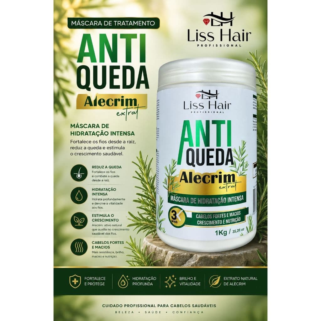 Máscara Antiqueda Alecrim Cabelos 3x Mais Fortes e Macios 1Kg Linha Premium Liss Hair