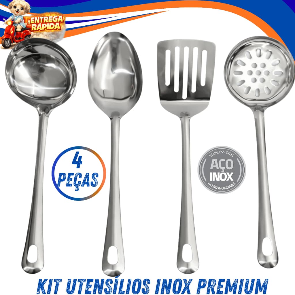 Kit Utensilios 4 Pecas Premium Colher de Arroz Concha Feijão Escumadeira Espatula Buffet Restaurante