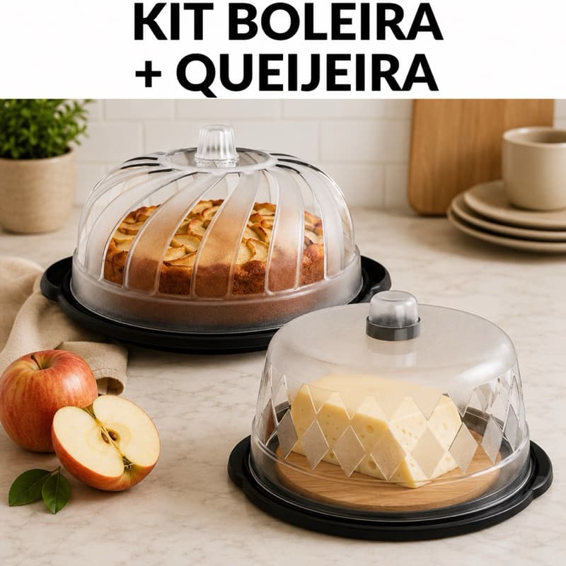 Kit Boleira + Queijeira Com Tampa Transparente Porta Bolo Porta Queijo Cozinha Mesa Posta Festa