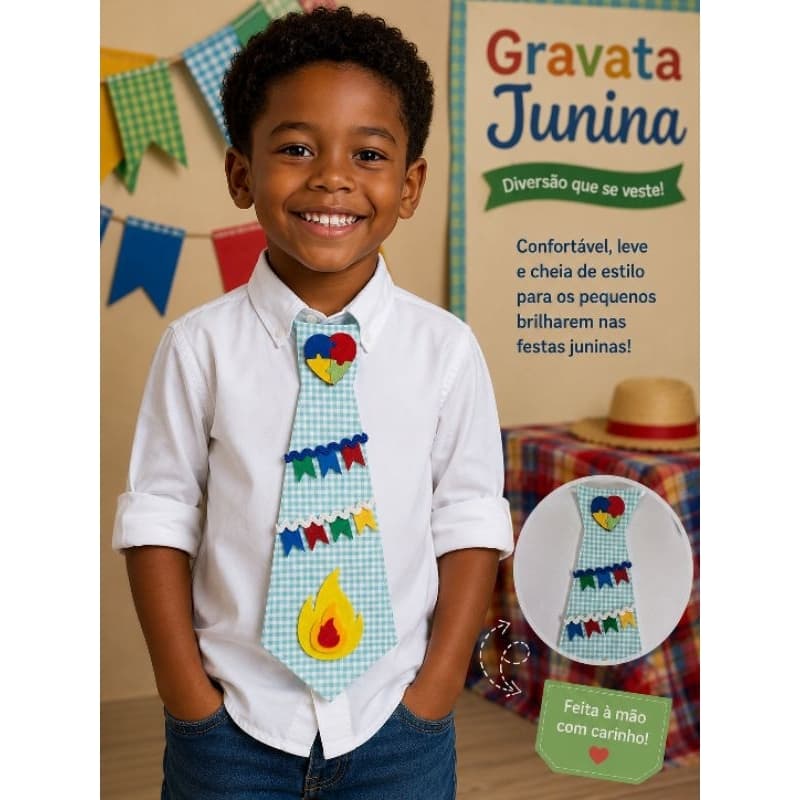 Gravata Festa Junina Infantil em Feltro | Gravata Arraiá Baby | São João| Quadrilha| Coração Autista