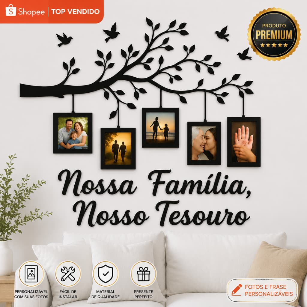Painel Porta Fotos Família MDF Nossa Família Nosso Tesouro Decoração Sala Quarto 10x15