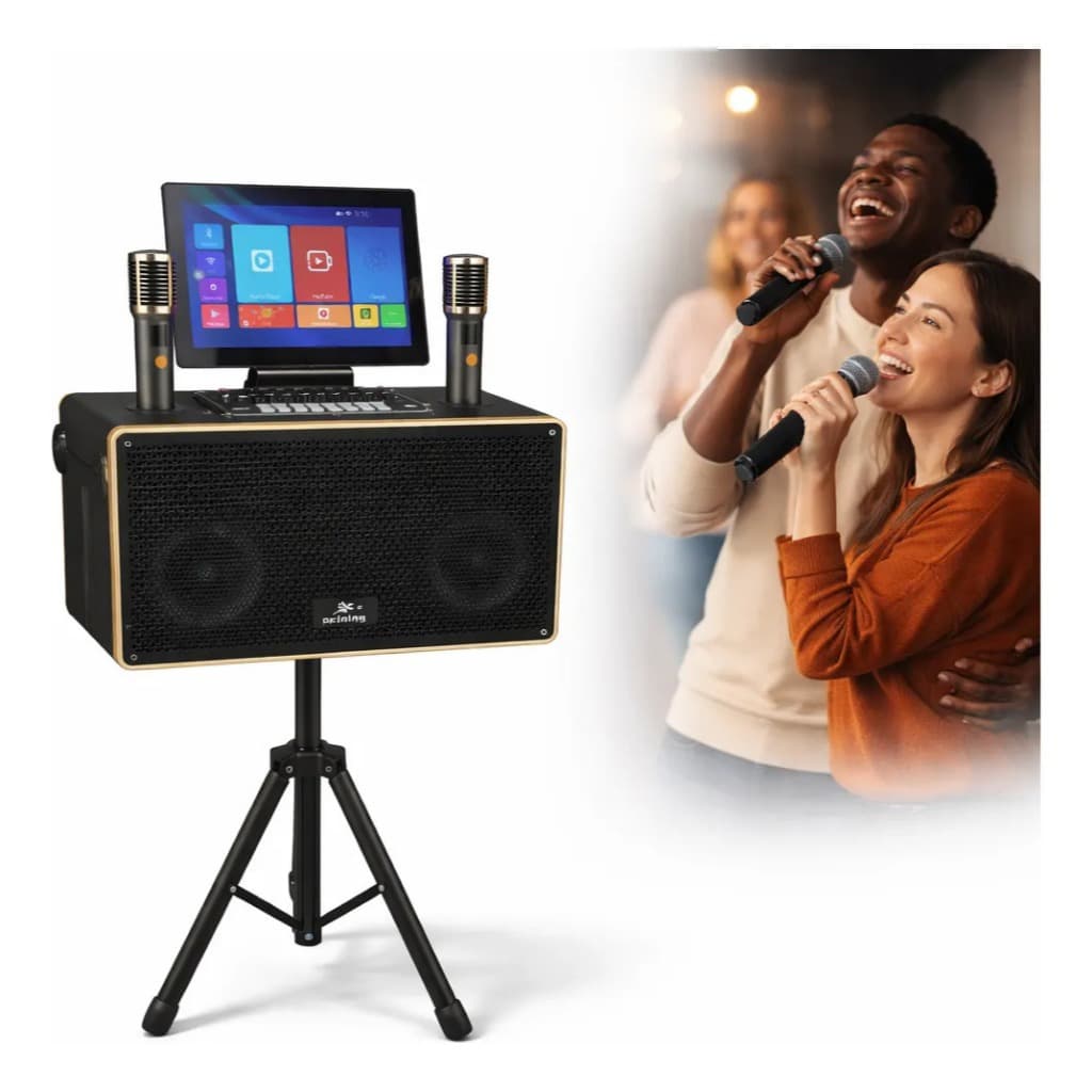 Karaoke Touch Screen 14.1'' com Youtube Bluetooth 60W, Microfone Sem Fio, Sistema Android integrado Espelhamento de Tela