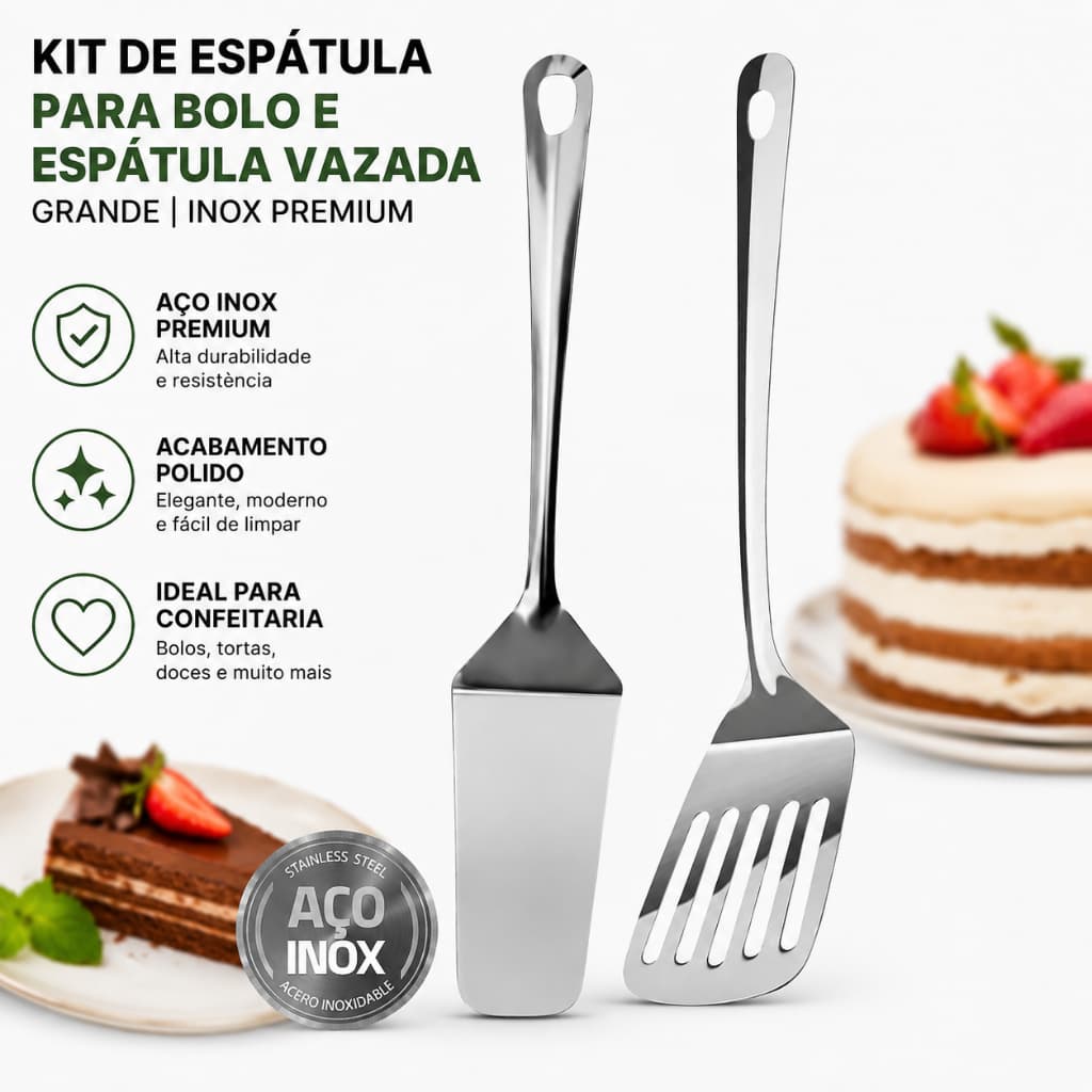 Kit Conjunto de 2 Peças Espátula de Bolo e Espátula Vazada em Inox Premium, Cozinha, Restaurantes, Buffets