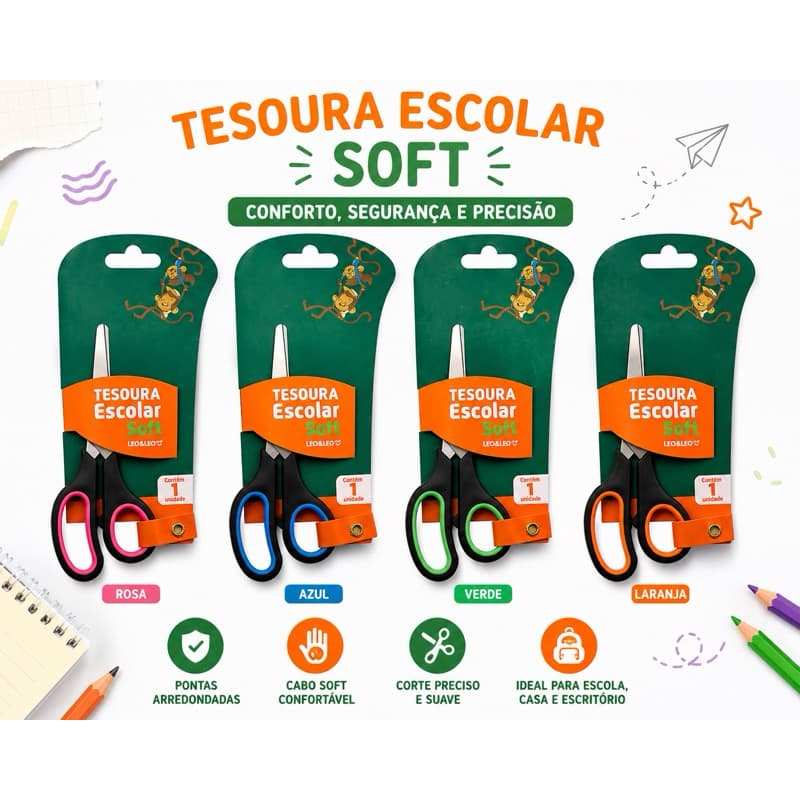 Tesoura Escolar Soft 14cm Leonora – 1 Unidade | Conforto, Segurança e Precisão
