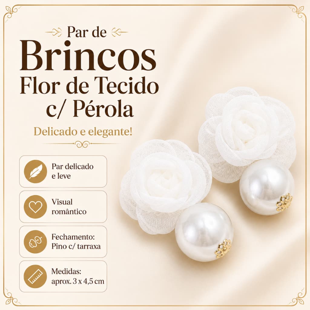 Brincos Flor de Tecido Off White c/ Pérola Dourado