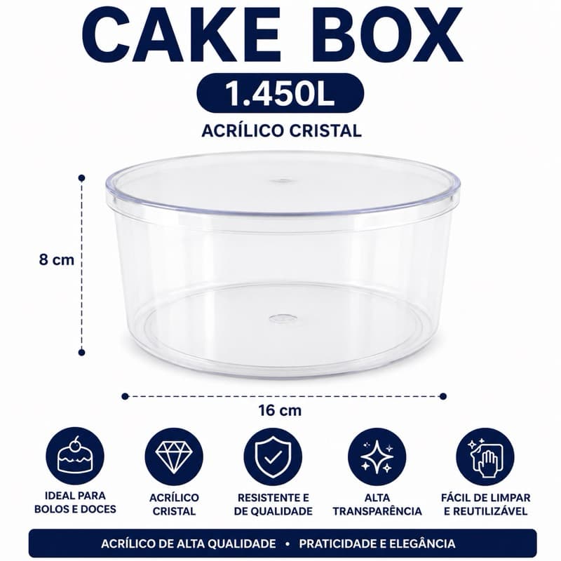 Cake Box Redonda 1,450litros Acrilico Transparente Porta Bolo e Doces