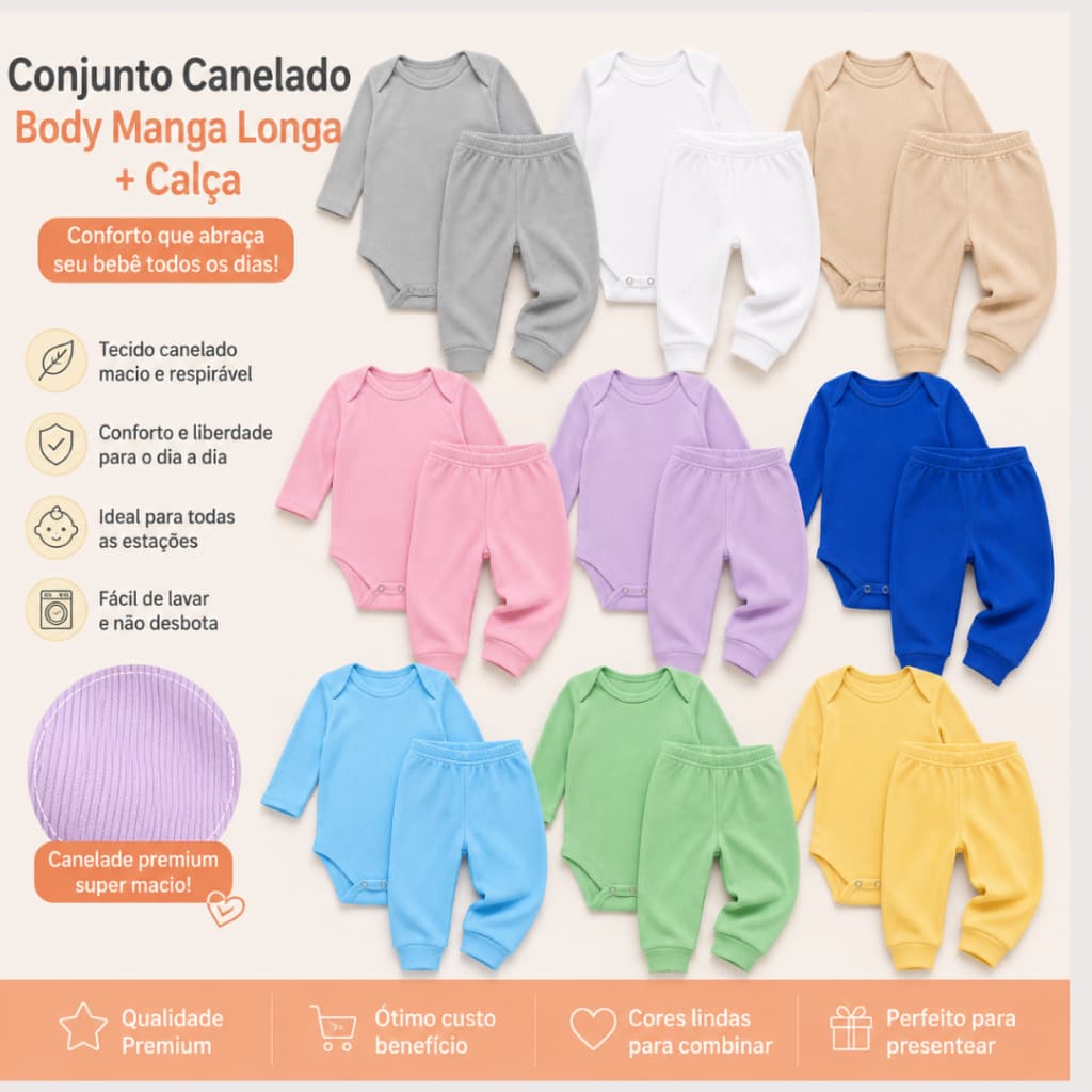 Kit 04 Conjuntos Canelados Bebê pagão Body+Calça RN ao 03 Segunda pele