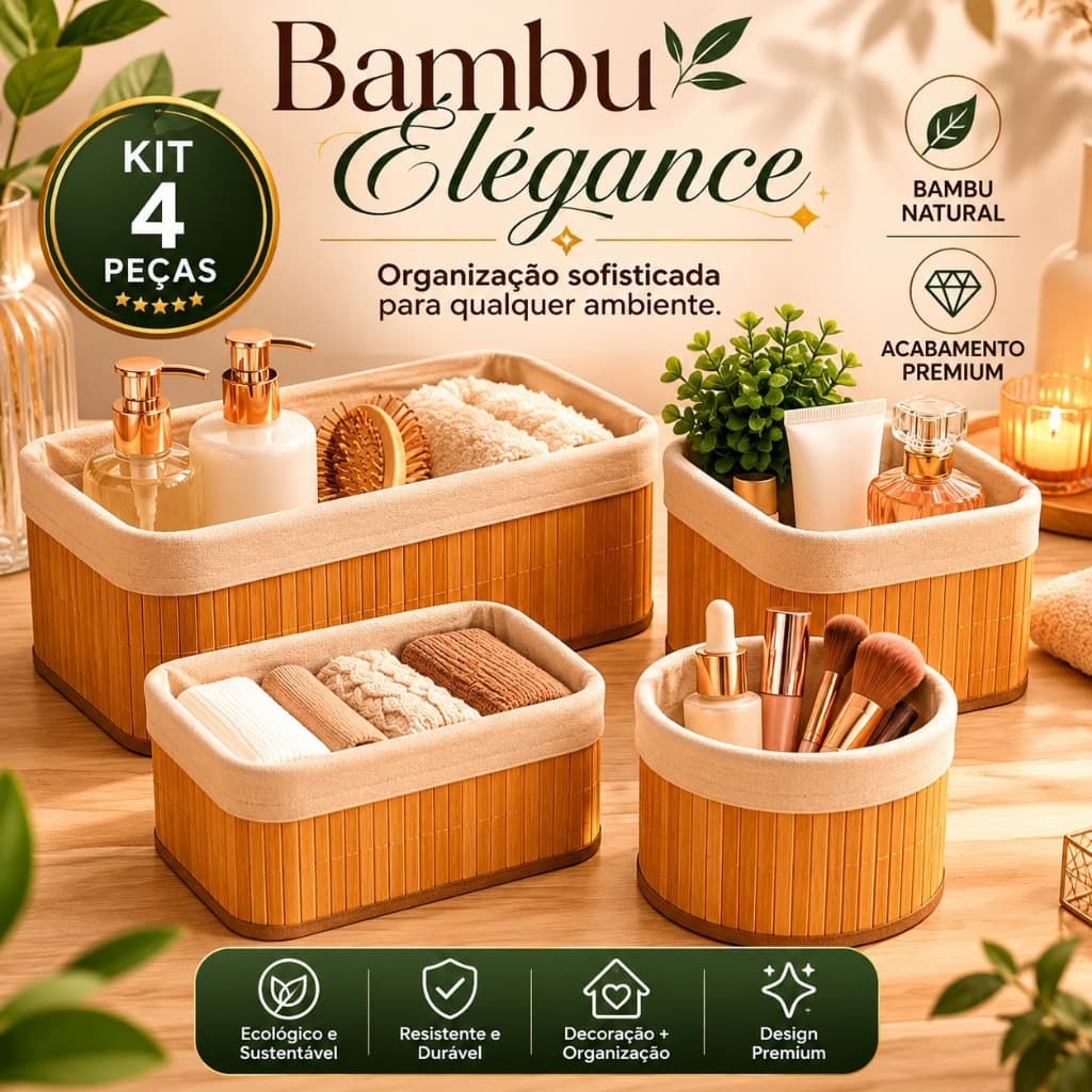 Conjunto 4 Cestos Organizadores Multiuso em Bambu Bambu Élégance™ Organizador Premium para Banheiro Closet Cozinha