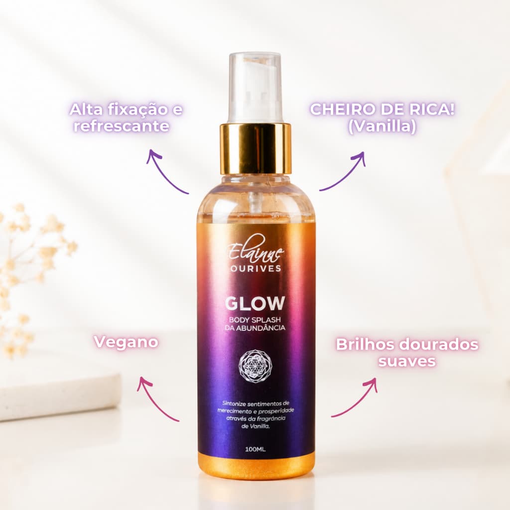 Body Splash Vanilla Glow Iluminador Partículas Douradas 100ml Vegano Cheiro de Rica Baunilha Abundância