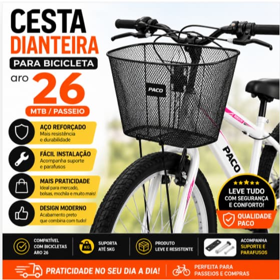 Cesta Dianteira Para Bicicleta Aro 26 MTB Passeio Aço Reforçado Preta