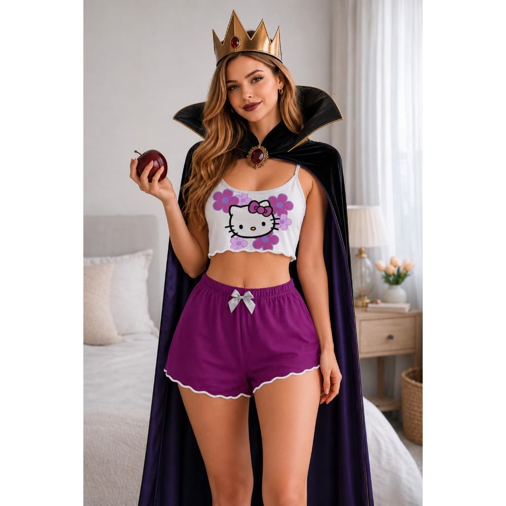 Pijama Feminino Hello Kitty Short Doll Blogueira Confortável Fofo Moda Verão Tumblr Geek Luxo