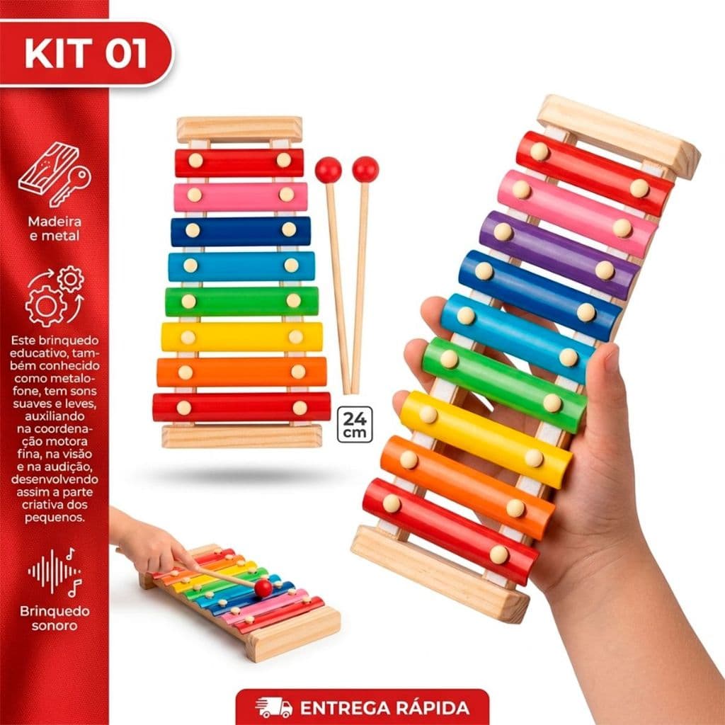 Xilofone Instrumento Musical Infantil  Pedagógico Colorido 8 Notas C/2 Baquetas