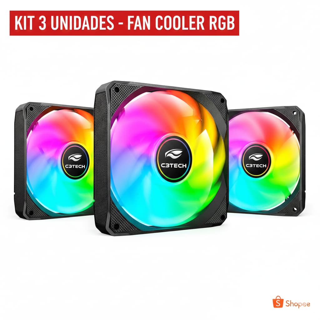 Kit 3 Fan Cooler Rgb Led Cor Fixo Ventoinha 12cm 120mm Conector Molex F9-L180M C3Tech