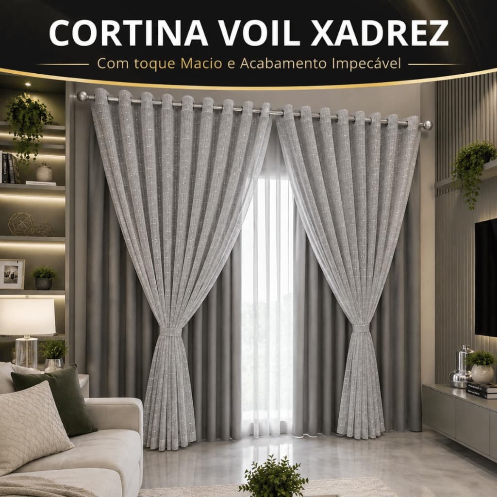 Cortina Voil Xadrez 4,00 x 2,30 / 2,50 / 2,80 C/forro Microfibra Para Varão