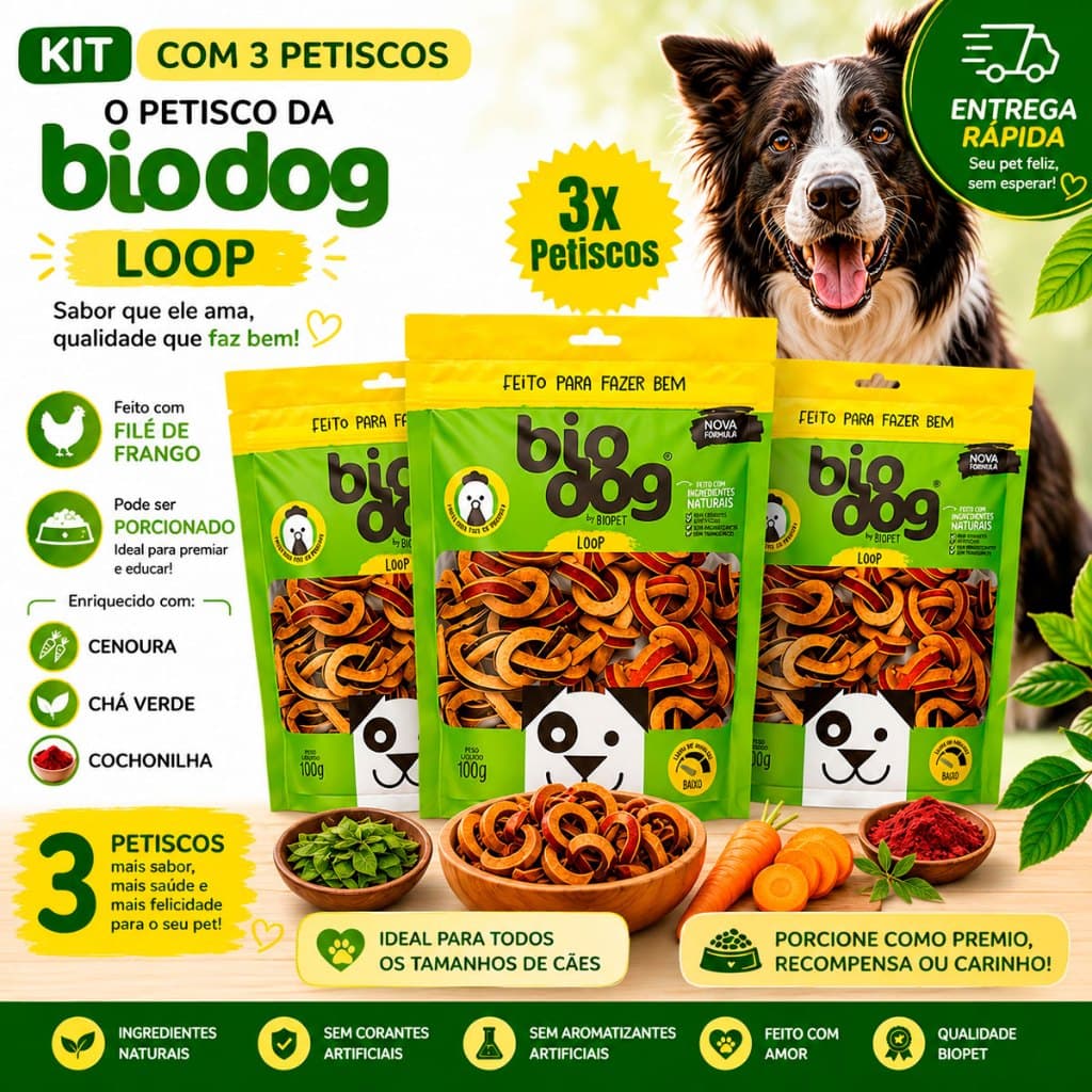 Kit 3 Bifinho Petisco Natural Snack Cães Biscoito Biodog Mordedor Gourmet Loop