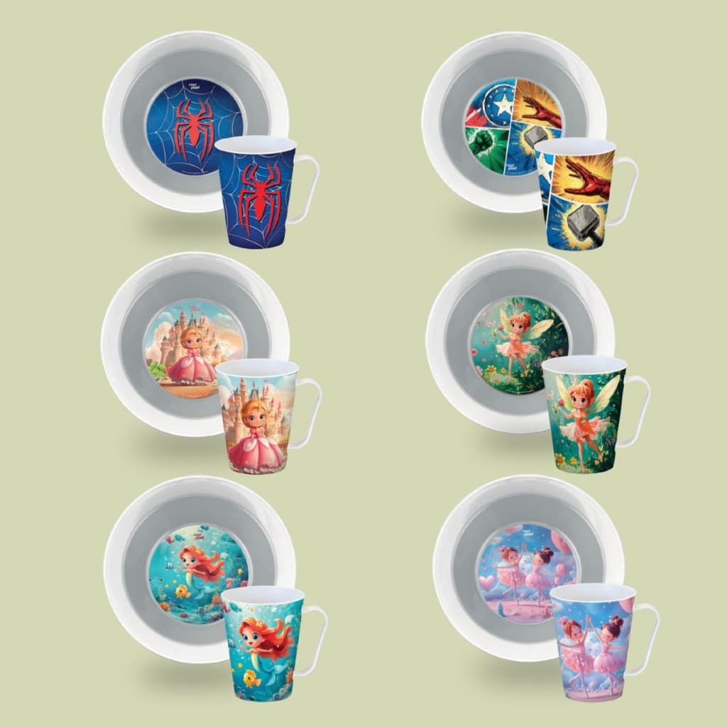 Kit Infantil Prato E Caneca Personagens Menino Menina Plástico Resistente Refeição Divertida