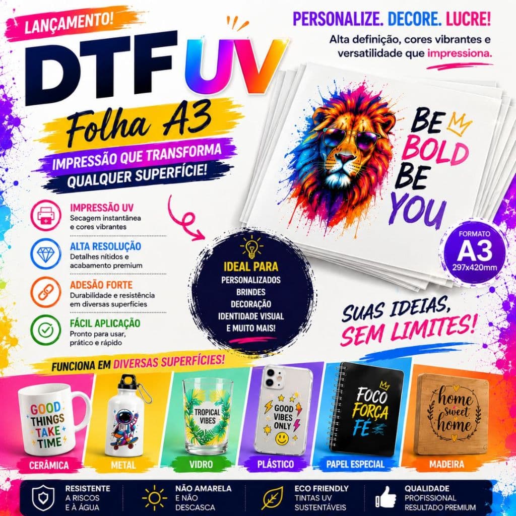 Folha DTF UV A3 | Adesivo UV  com Verniz | Enviar arquivo no e-mail