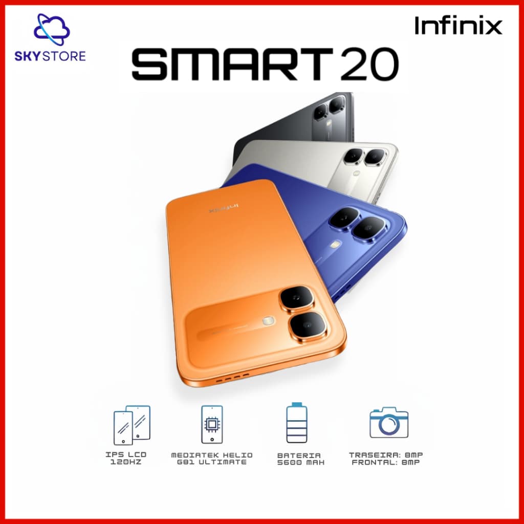Infinix Smart 20 4G, Bateria 5200mAh, Versão Global, Processador MediaTek Helio G81 Ultimate, 128GB/4GB RAM