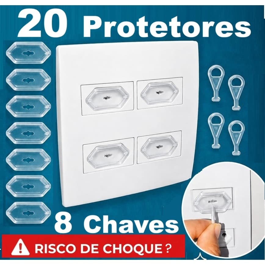 20 Protetores de Tomada 8 Chaves Transparente Segurança Bebê