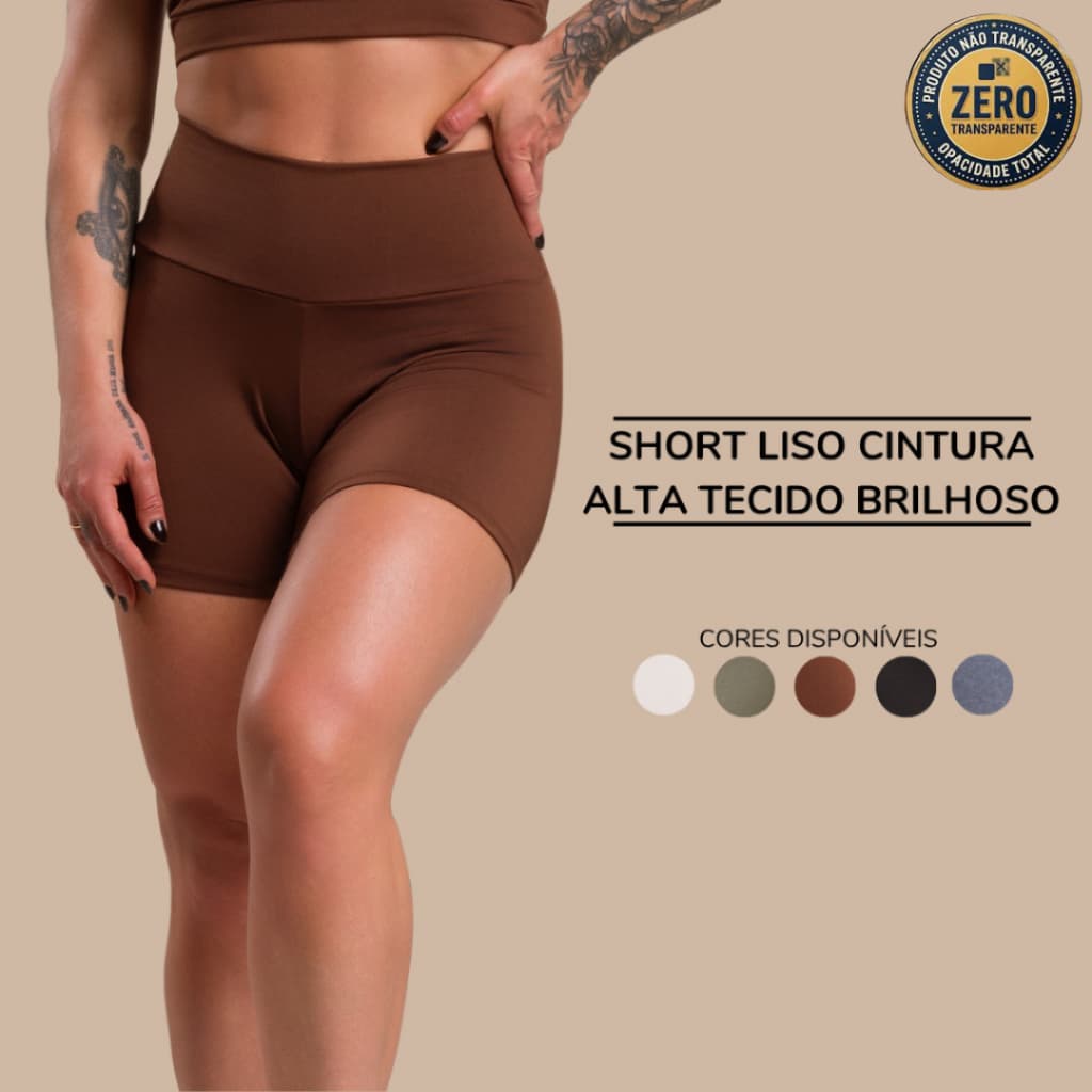 Short Fitness Feminino Liso Cintura Alta Tecido Brilhoso Esportivo Academia Treino ZERO TRANSPARÊNCIA