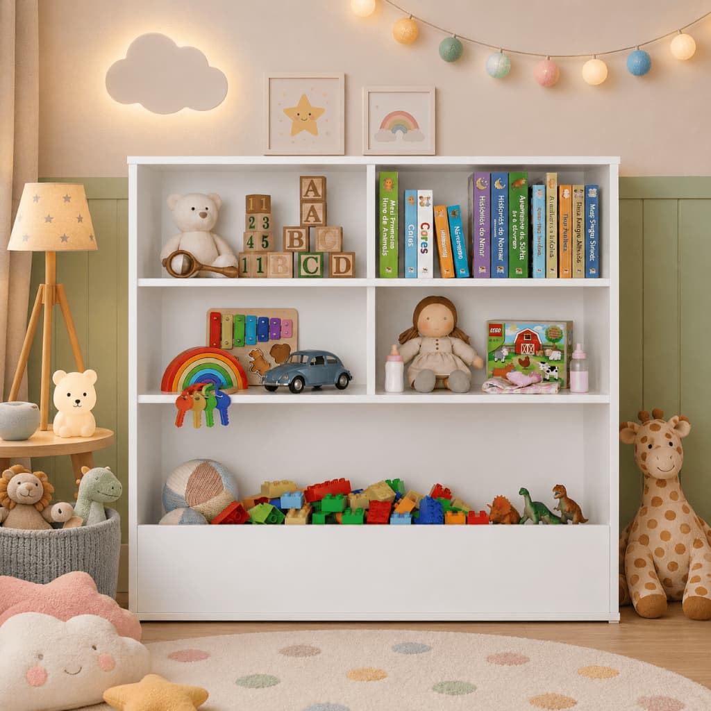 Estante Baú Organizador De Brinquedos Infantil Divisórias Kids Mdf Branco 100% MDF