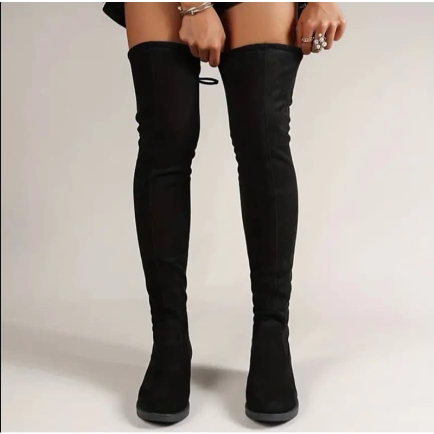 Bota Feminina Cano Alto Over The Knee Preta Camurça Moda Inverno Confortável Salto Baixo