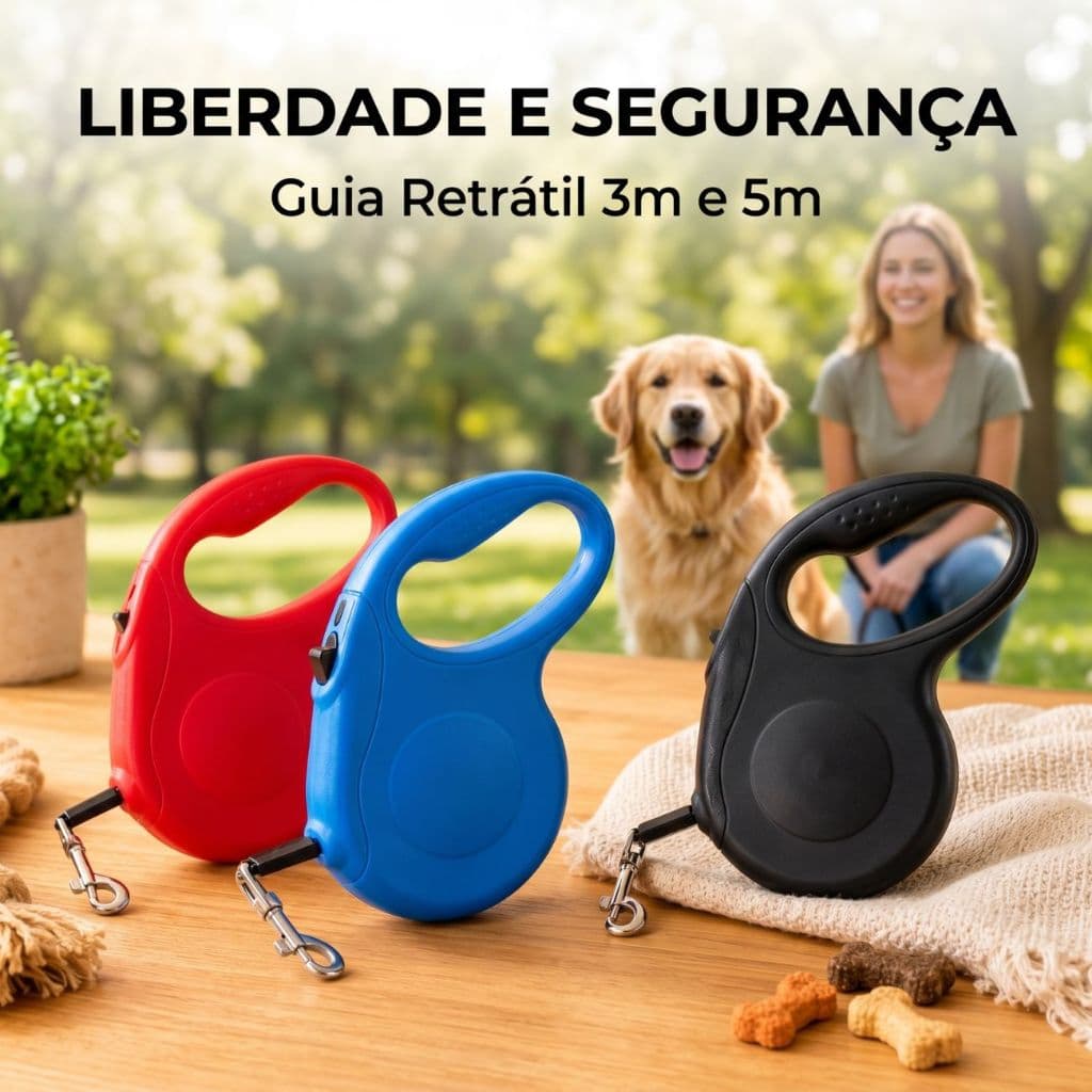 Guia Retrátil Para Passeio Com Trava Segurança Cabo Ergonômico 3 e 5 Metros - Cores Sortida