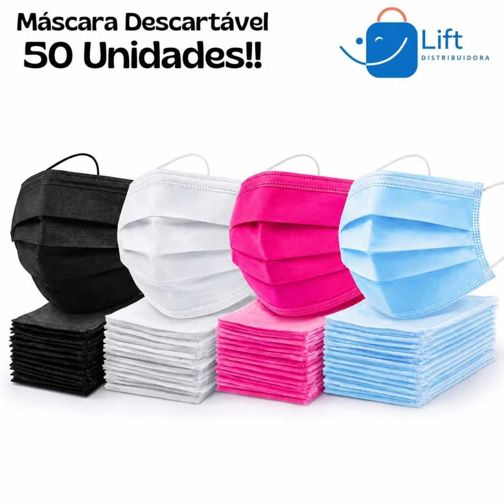 Máscara Descartável 50 Un Tripla Camada Adulto Com Clipe Nasal
