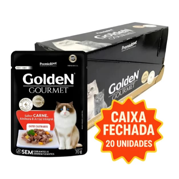 Saches Ração Úmida Golden Gourmet Para Gatos Castrados Sabor Carne 70g C/20 unidades