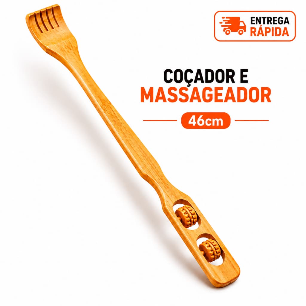Coçador de Costas Mãozinha Bambu 46cm Massageador Manual Cabo Longo Anti Coceira