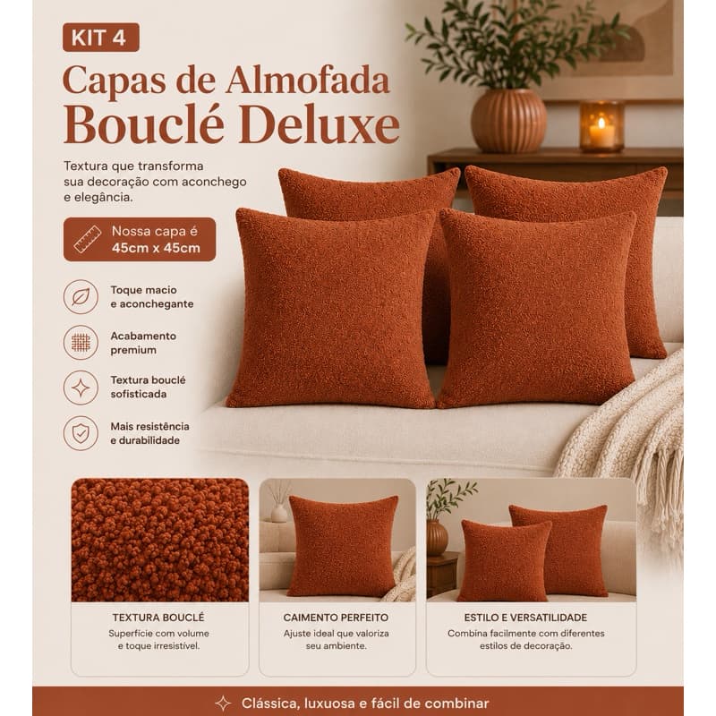 Kit 4 Capas de Almofada Luxo Boucle 45x45cm Premium com Zíper Invisível