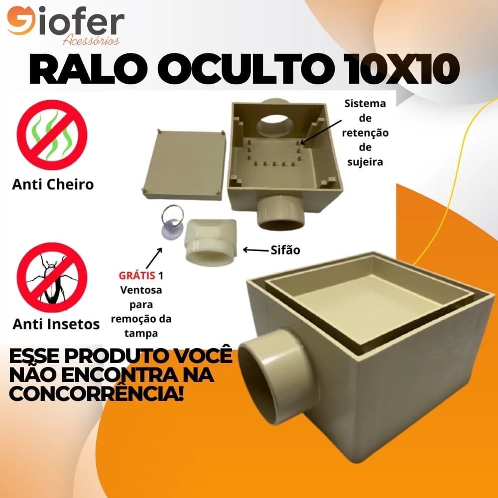 Ralo 10x10 Invisível, Com saída lateral de 50mm,  Único oculto Sifonado com ou sem entrada 40mm