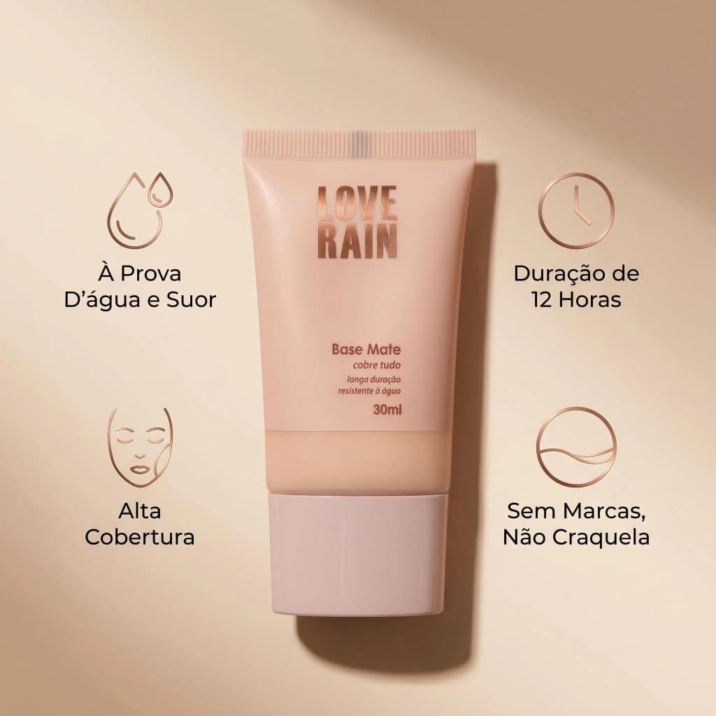 ✨ Base Líquida Love Rain Alta Cobertura – À Prova D’Água, Longa Duração 24H e Efeito Matte Natural 🔥