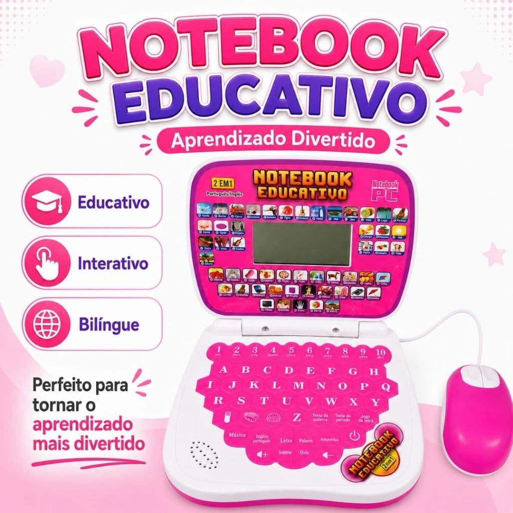 Notebook Educativo Infantil com Mouse Bilíngue Português Inglês 2 em 1 Brinquedo Didático Interativo