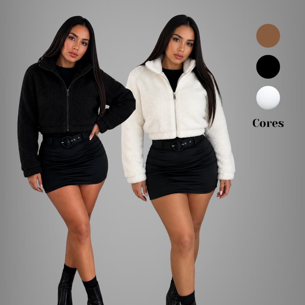 Casaco Jaqueta Feminina Teddy Ziper Casaquinho Cropped Curto De Frio De Pelinho Blusa De Inverno