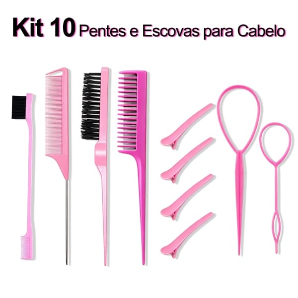 Kit 10 Pcs Pentes e Ferramentas para Penteados, Escovas + Clipe Bico de Pato + Ferramenta de Trança