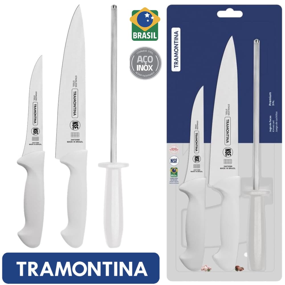Jogo de Facas Tramontina Premium 3 Pcs com Chaira Aço Inox e Cabos de Polipropileno Branco