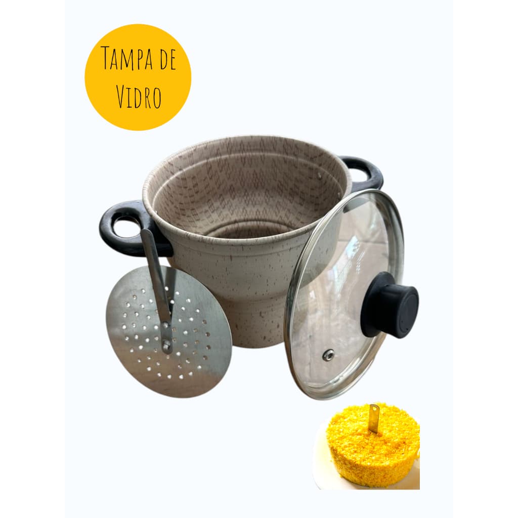 Cuscuzeiro Teflon Antiaderente Bege Tampa de Vidro 16cm