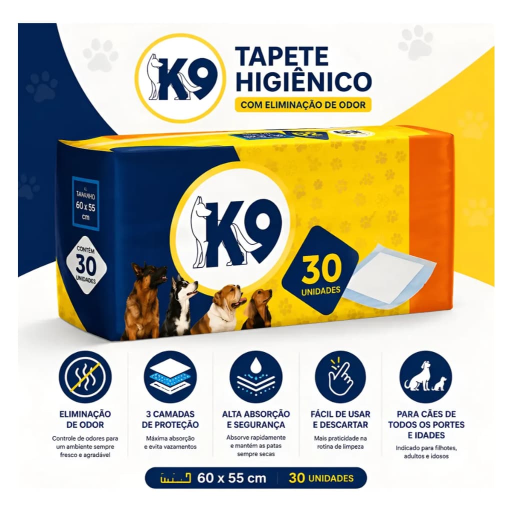 Tapete Higiênico Para Cachorro K9 60x55cm 30 Unidades Anti Odor Super Absorvente Gel