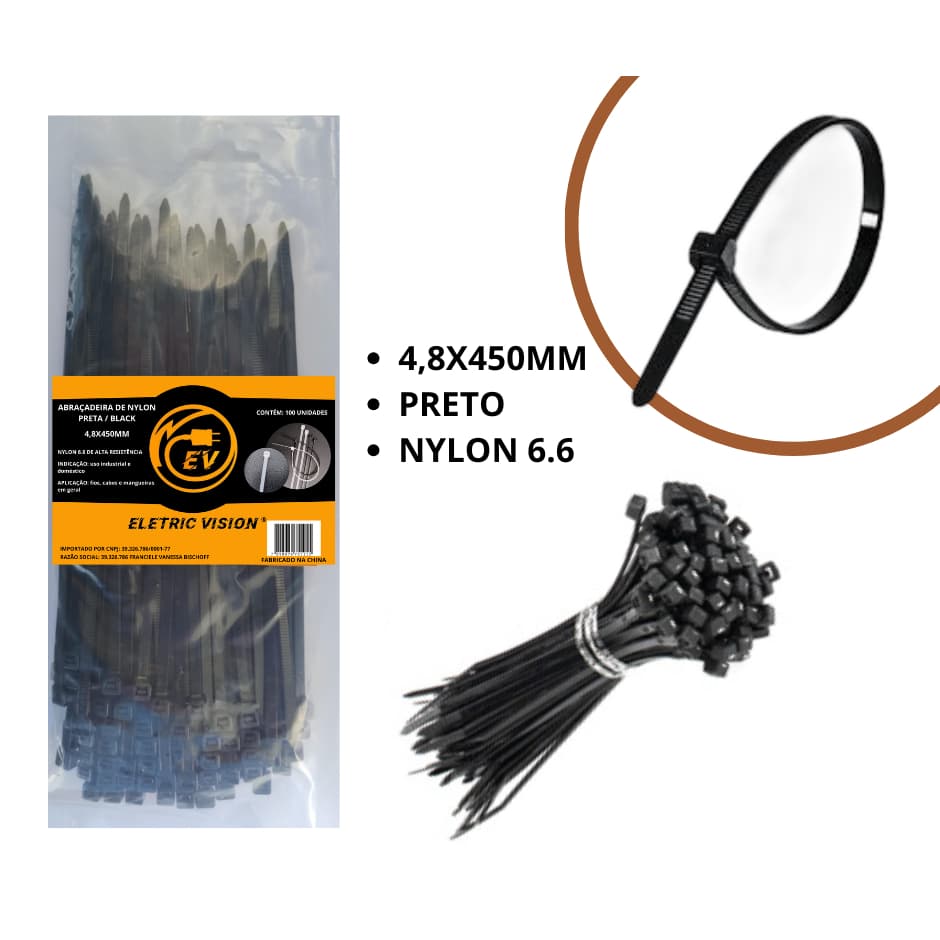 Abraçadeira de nylon 4,8x450 PRETA pacote com 100 unidades