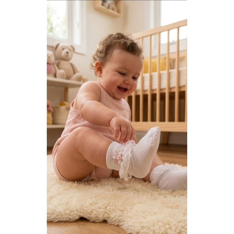 Meia infantil com Renda, Bordados e aplique feito à mão. infantil menina festa luxo Rn ao P
