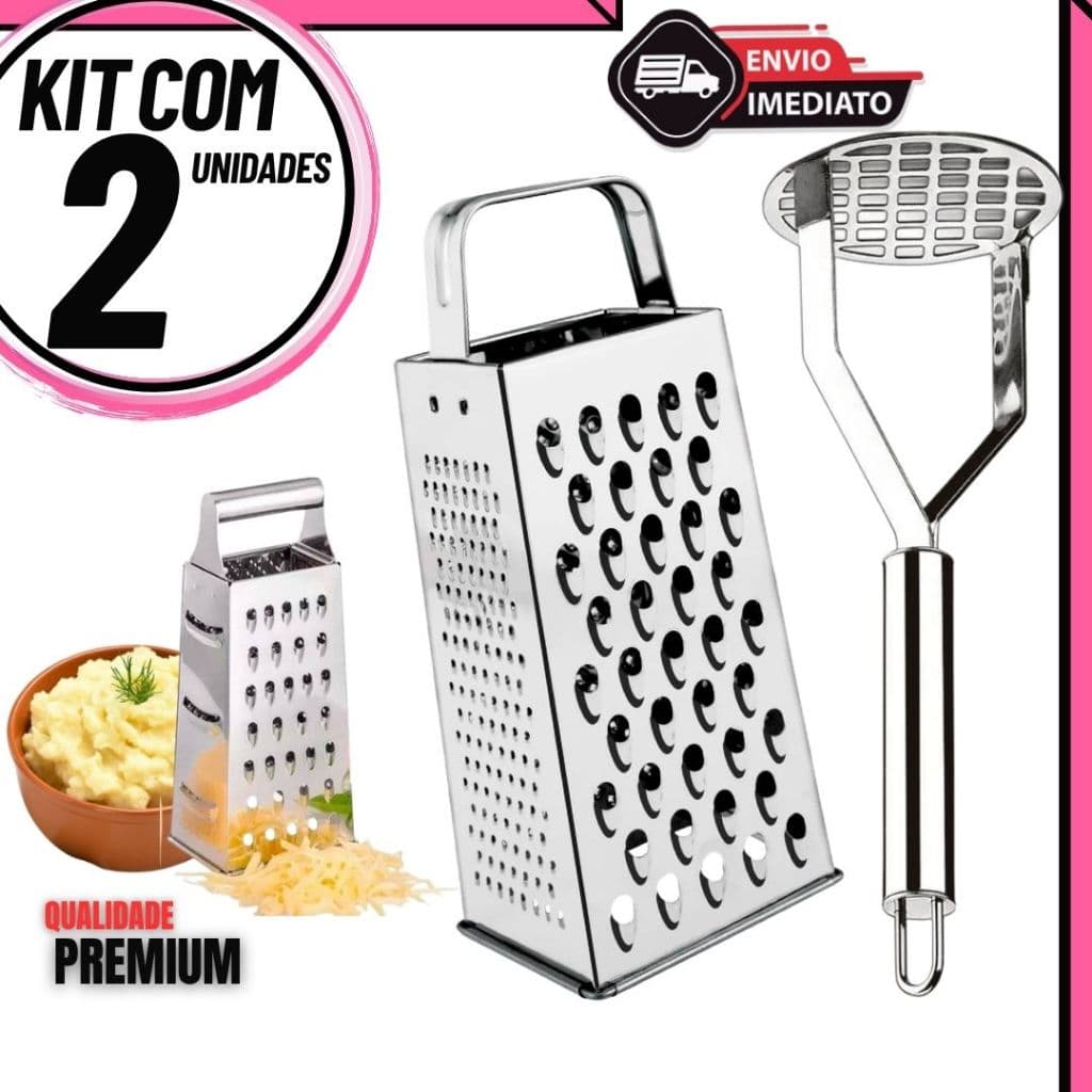 Kit Ralador de Legumes queijo e Amassador de Batata Inox Utensílios de Cozinha Multiuso Cortador