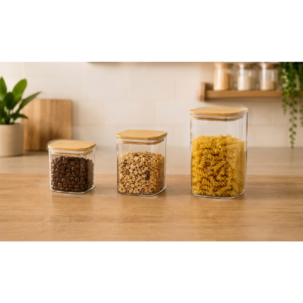 Kit 3 Potes de Vidro Hermético com Tampa de Bambu Organizador Cozinha Premium Armazenamento Grãos